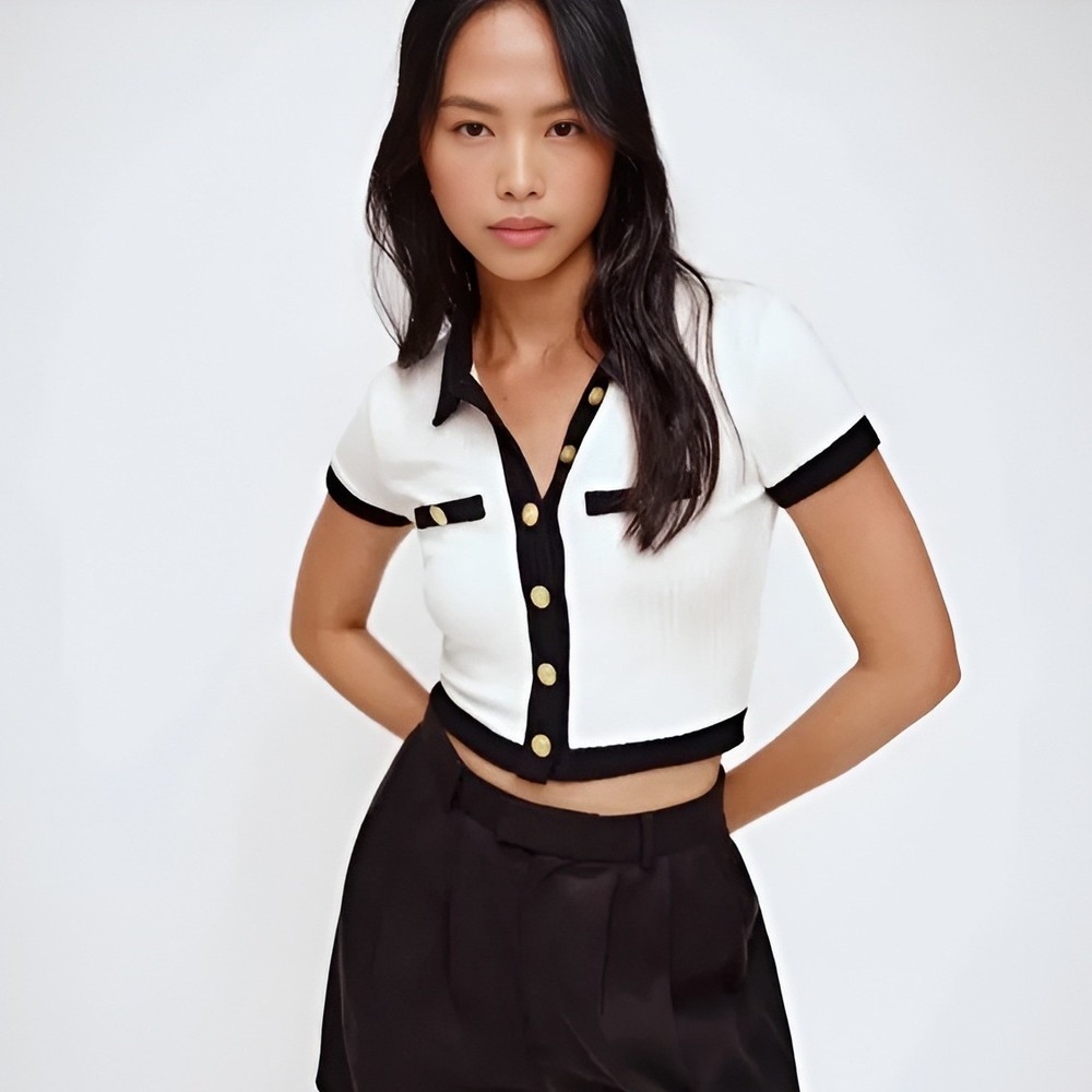 Reformation White Black Aminara Knit Short Sleeve Top Old Money Size Large - Picture 3 of 14